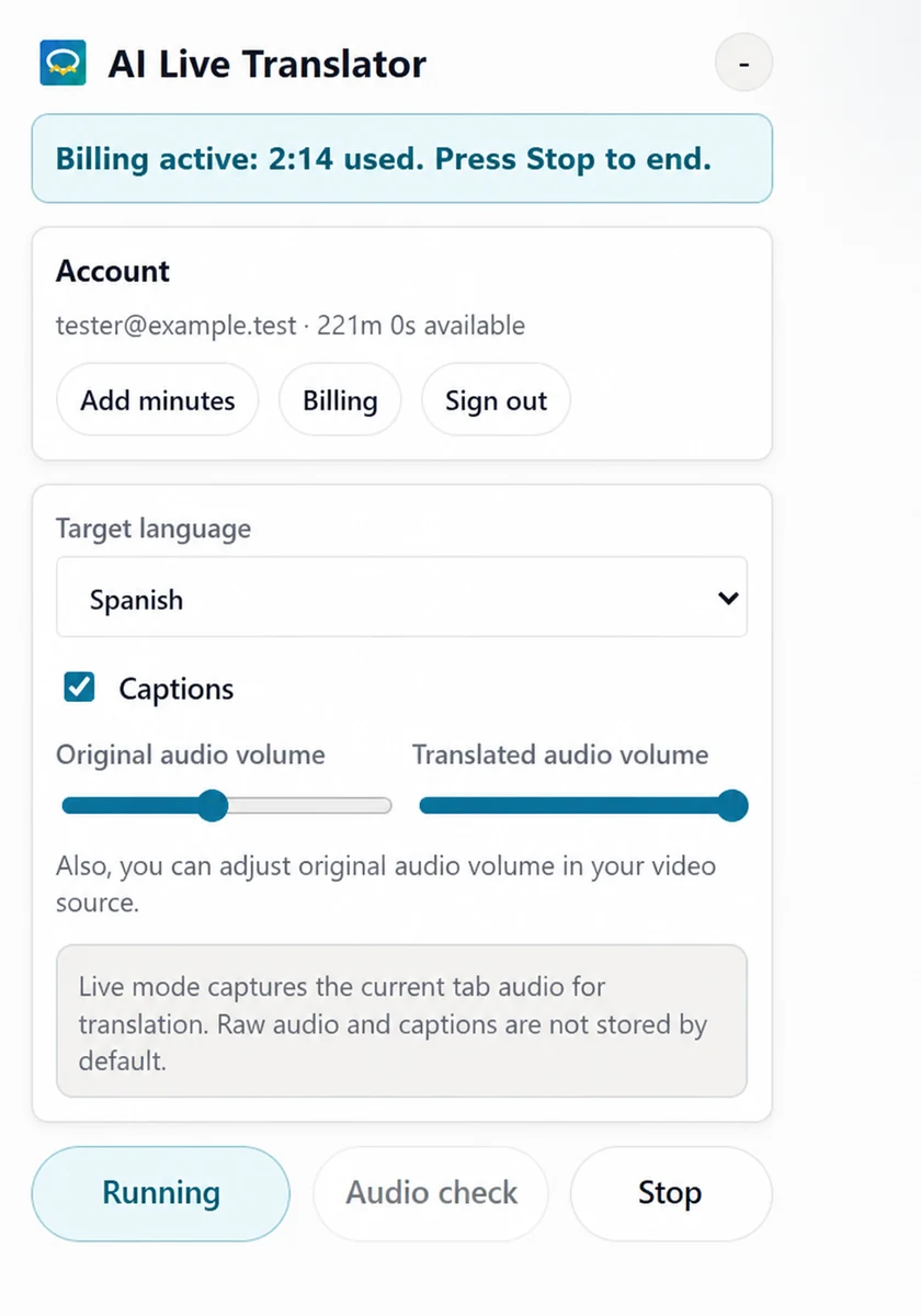 AI Live Translator extension showing language, captions, volume, minutes, Start, and Stop controls